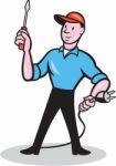 Electrician Holding Screwdriver Plug Cartoon Stock Photo