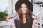 Beautiful Asian Young Woman Smiling On The City Stock Photo