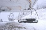 Ski Chair Lift Is Covered By Snow In Winter,deogyusan Mountains In South Korea Stock Photo