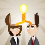 Cartoon Businessman And Businesswoman With Twisted Idea Bulb Stock Photo