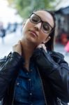 Beautiful Young Woman With Neck Pain In The Street Stock Photo