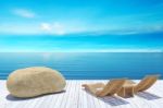 Beach Lounge, Sundeck Over Blue Sea And Sky, Summer Holiday Vacation Concept Stock Photo