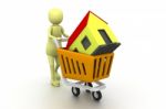 3d Man Pushing House In Cart Stock Photo