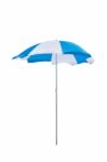 Blue And White Beach Umbrella Isolated On White Background Stock Photo