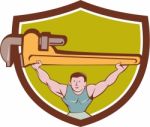 Plumber Weightlifter Monkey Wrench Crest Cartoon Stock Photo