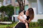 Mom And Son Enjoying The Happy Time Stock Photo