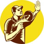 Worker Holding Megaphone Circle Woodcut Stock Photo