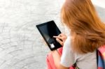 Woman Using Tablet Find Information In Internet Stock Photo