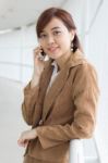 Portrait Of Thai Adult Businesswoman Beautiful Girl Calling Smart Phone Stock Photo