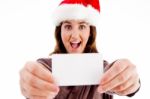 Santa Hat Woman Holding Card Stock Photo