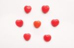 Red Valentine's Day Heart Shape Candy Pattern On Empty White Paper Background. Love Concept. Colorful Hipster Style. Knolling Top View Stock Photo