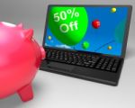 Fifty Percent Off On Laptop Showing Cheap Products Stock Photo