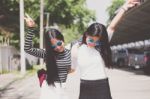 Two Asia Thai Teen Best Friends Girls Smile And Funny Stock Photo