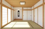 Empty Japanese Living Room Interior In Traditional And Minimal Design Stock Photo