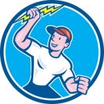 Electrician Holding Lightning Bolt Circle Cartoon Stock Photo