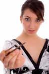 Front View Of Woman Holding Chopsticks Stock Photo