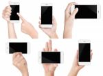 Hand Hold White Modern Smart Phone Isolated White Stock Photo