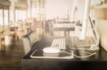 Blurred Living Room With Computer Appliance Stock Photo