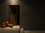 3d Door And Pumpkin Heads Stock Photo