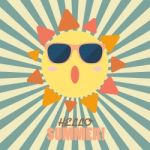 Hello Summer With Happy Sun On Sunburst Pattern Stock Photo