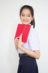 Asia Thai High School Student Uniform Beautiful Girl Read A Book Stock Photo