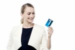 Happy Woman Holding Credit Card Stock Photo