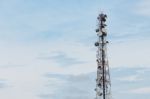 Satellite Dish Telecom Tower On Morning Sky Stock Photo