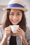 Portrait Head Shot Of Beautiful Younger Asian Woman And Hot Coffee Cup In Hand Happiness Emotion Stock Photo