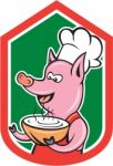 Pig Chef Cook Holding Bowl Shield Cartoon Stock Photo