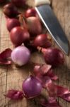 Shallots Still Life Wood Background Close Up Stock Photo