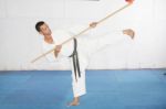 Man In Shotokan Karate With A Bo In His Hands Stock Photo