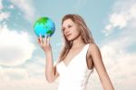 Girl Holding World Globe In Her Hands,3d Illustration Stock Photo