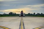 Offshore Helicopter Taxi Out To Runway For Oil Rig Operation Stock Photo