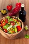 Wooden Bowl With Salad Stock Photo