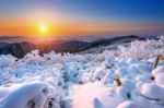 Sunrise On Deogyusan Mountains Covered With Snow In Winter,south Korea Stock Photo