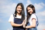 Two Asia Thai High School Student Best Friends Beautiful Girl Smile And Funny Stock Photo