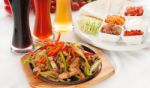 Original Fajita Sizzling Hot  On Iron Plate Stock Photo