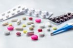 Top View Of The Pills On The White Background, Pack Of Tablet Drug And Capsule Pills On The Floor Stock Photo