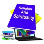 Religion And Spirituality Book Laptop Stack Shows Religious Spir Stock Photo