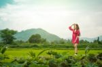 Beautiful Young Attractive  Asian Women In Red Dress On Sunrise Beautiful Nature Background Of The Mountains And Lotus Garden Image Of Happy  Camping, Travel, Lifestyle Resting , Relaxing Concept Vintage Style Stock Photo