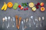 Flat Lay Various Fresh Fruits Raspberry ,blueberry ,strawberry , Stock Photo