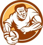 Rugby Player Running Ball Circle Linocut Stock Photo