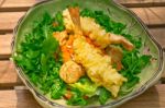 Fresh Japanese Tempura Shrimps With Salad Stock Photo