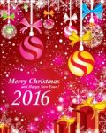 Merry Christmas And Happy New Year 2016 With The Red Gift And Color Full Snow On Red Background Stock Photo