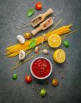 Italian Food And Menu Concept. Spaghetti With Ingredients Sweet Stock Photo