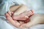 Baby's Feet In Mother Hand Closeup Stock Photo