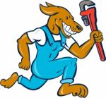 Dog Plumber Running Monkey Wrench Cartoon Stock Photo