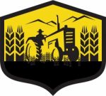 Tractor Harvesting Wheat Farm Crest Retro Stock Photo