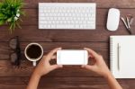 Hand Holding Phone Horizontal Showing Phone Blank Screen On Work Stock Photo