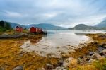 Norwegian Hut Rorbu On Bay Coast. Nordic Cloudy Summer Day Stock Photo